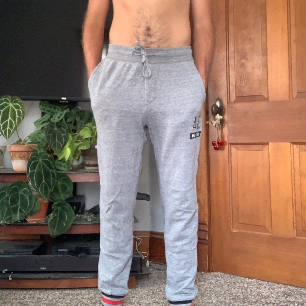 AMERICAN EAGLE MEDIUM TALL GREY SWEATPANTS WITH BLUE AND RED RINGS ON ANKLES
